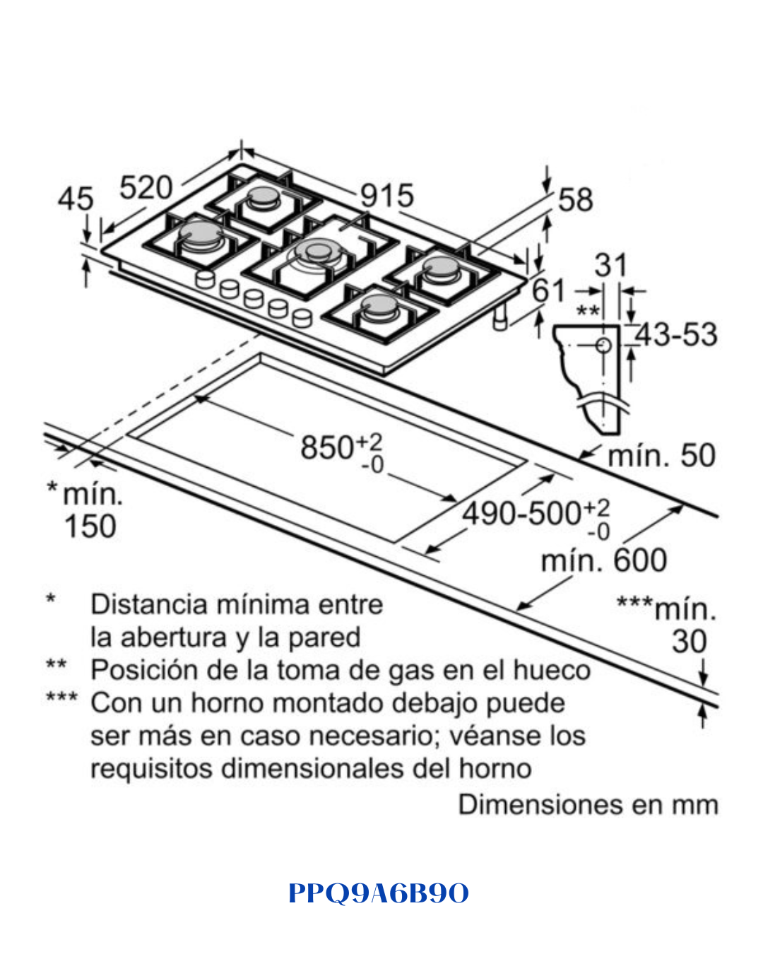BOSCH BUILT-IN GAS HOB BLACK TEMPERED GLASS – 11,500W – 90CM