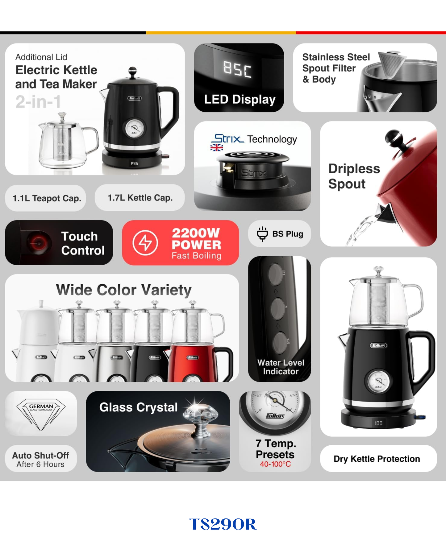 RETRO STYLE 2-IN-1 STAINLESS STEEL TEA MAKER + KETTLE 2200W-1.7L