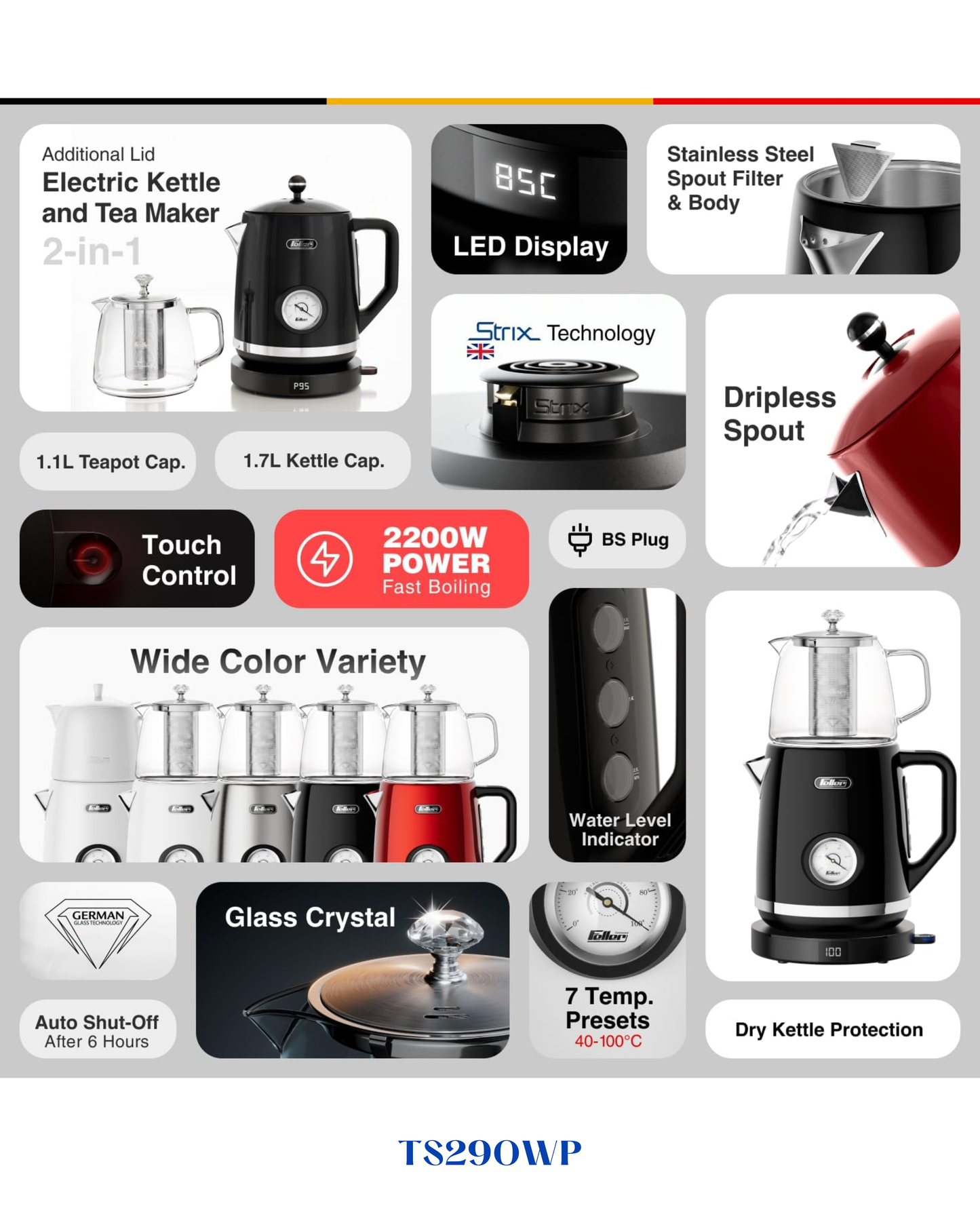 RETRO STYLE 2-IN-1 STAINLESS STEEL TEA MAKER + KETTLE 2200W-1.7L