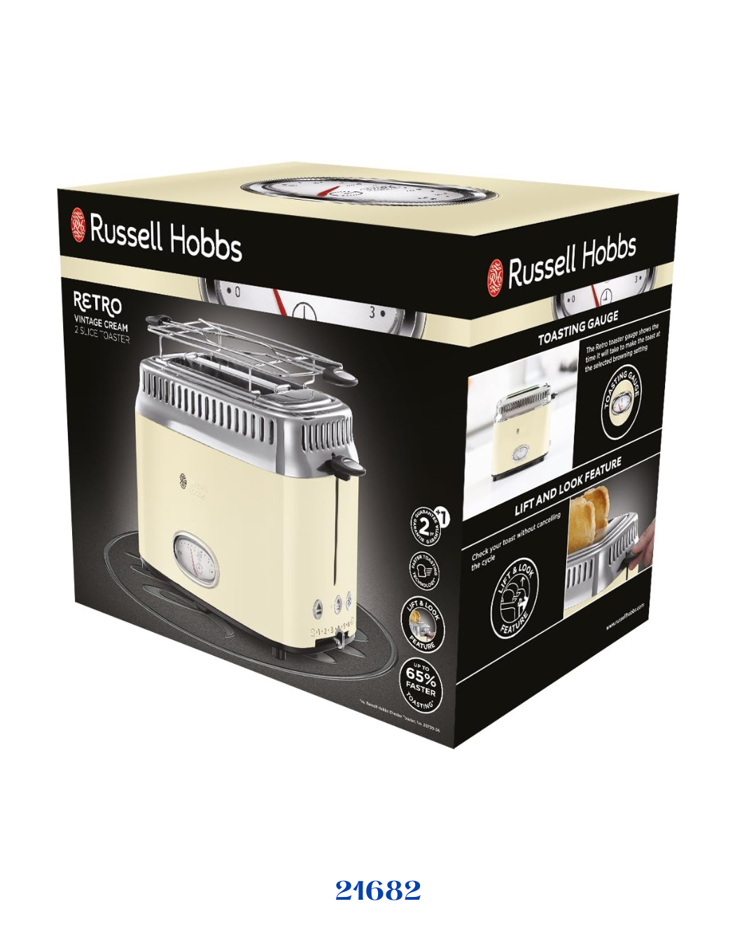 RUSSELL HOBBS RETRO VINTAGE CREAM 2 SLICE TOASTER 1300W