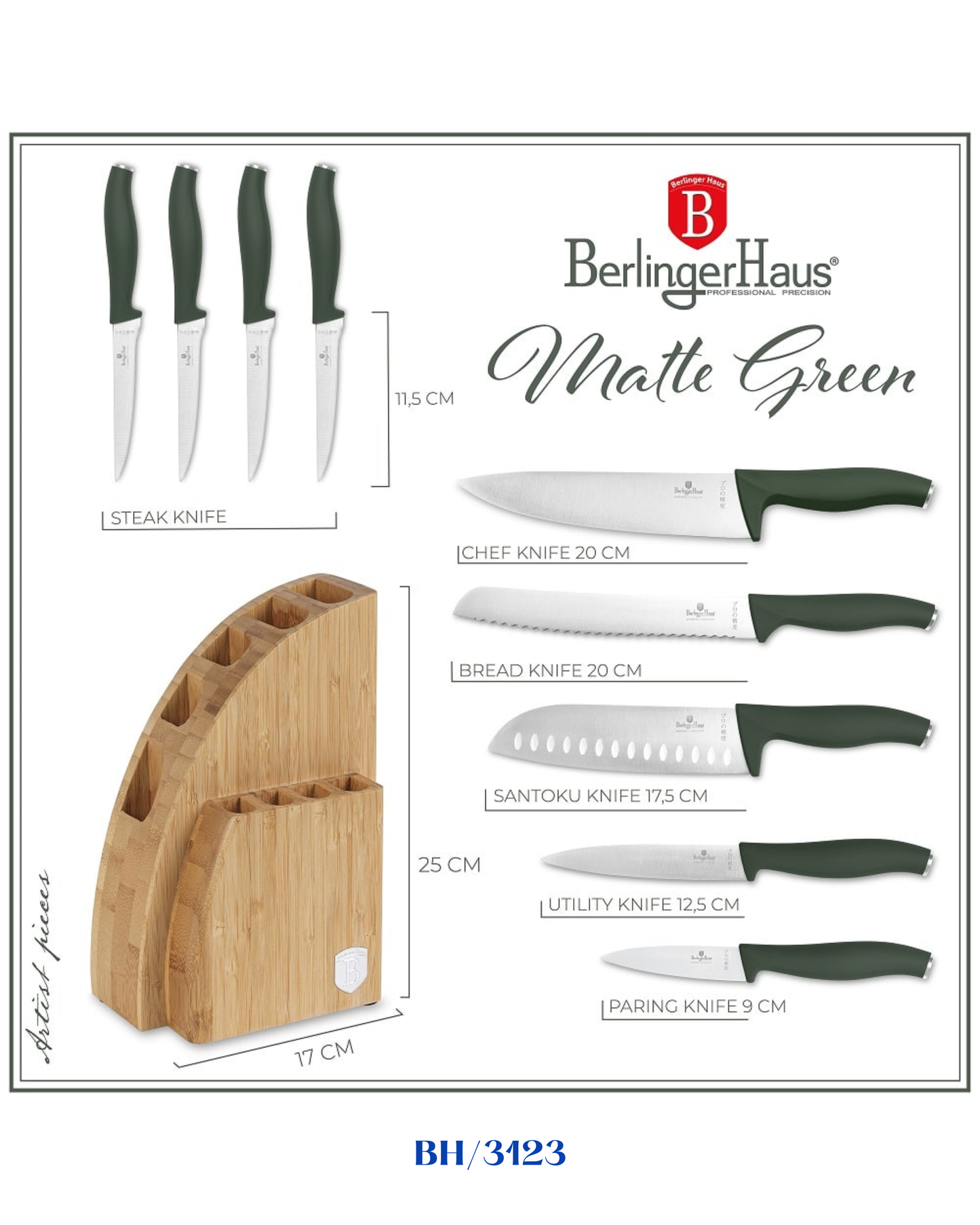 BERLINGER HAUS MATTE GREEN COLLECTION KITCHEN KNIFE SET 10 PCS