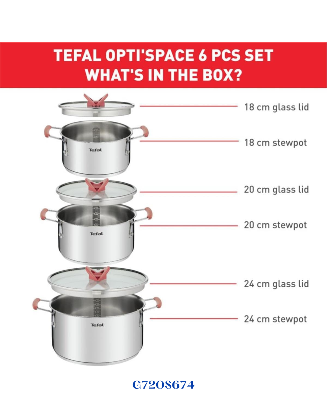 TEFAL OPTI'SPACE 6-PIECE COOKWARE SET STEWPOTS WITH LIDS (18/20/24 CM)
